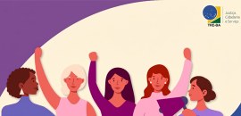 Ilustração com cinco mulheres levantando os braços em sinal de participação e mobilização. Uma d...