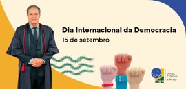 Pra todos verem: card institucional. À esquerda, está a foto do desembargador Abelardo Paulo da ...