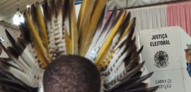 na imagem uma pessoa vista por trás usa um grande cocar feito de penas amarelas, brancas e preta...