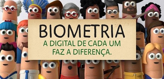 Banner com dedoches da campanha da biometria sobre fundo branco e, ao centro, os dizeres: biomet...