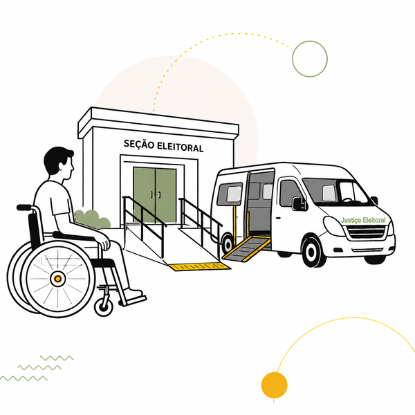 Ilustração contendo um eleitor cadeirante, uma van adaptada e a entrada de uma seção eleitoral