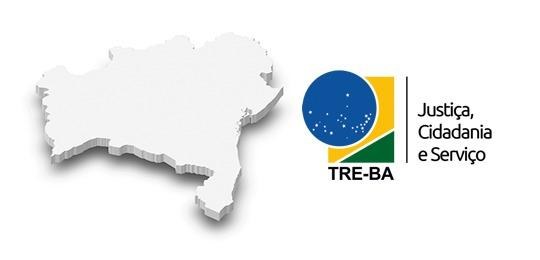 Mapa da Bahia à esquerda e a logomarca do TRE-BA à direita, com o seu slogan: Justiça, Cidadania...