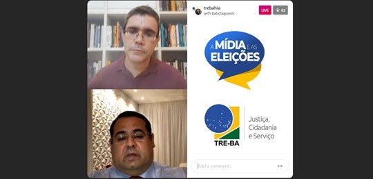 Print da tela da Live com a imagem do entrevistador, Analista do TRE-BA Jaime Barreiros acima e ...