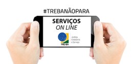 Um par de mãos segurando um telefone celular, escrito acima "#trebanãopara" e dentro a inscrição...